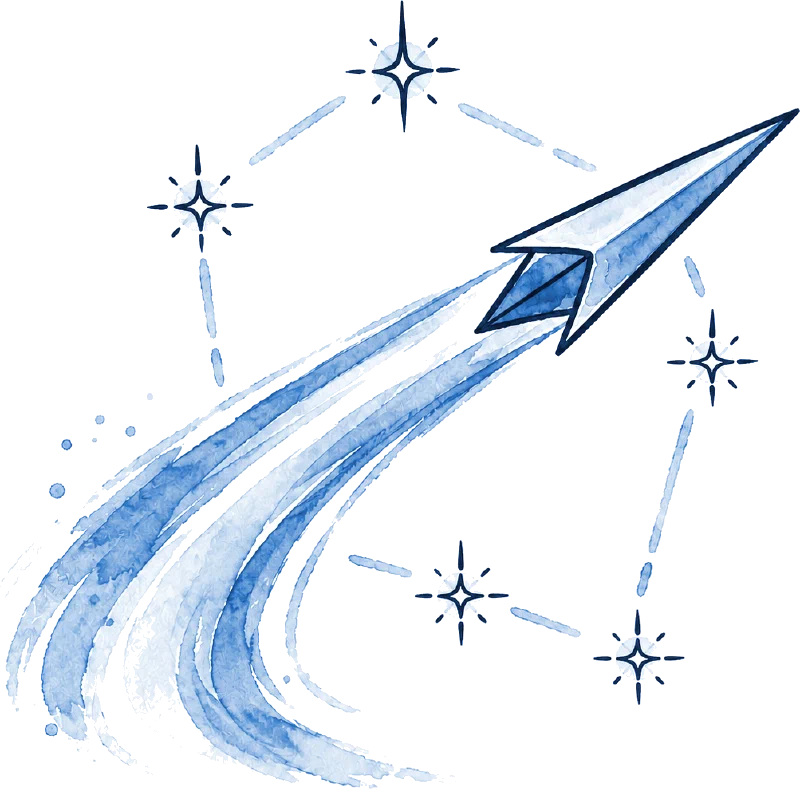 Watercolor illustration of a paper plane climbing past a constellation of stars