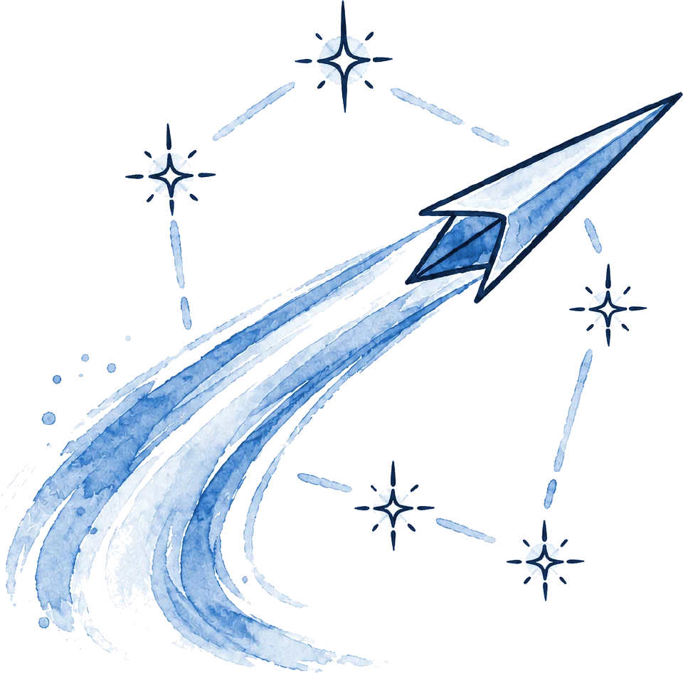 Watercolor illustration of a paper plane climbing past a constellation of stars