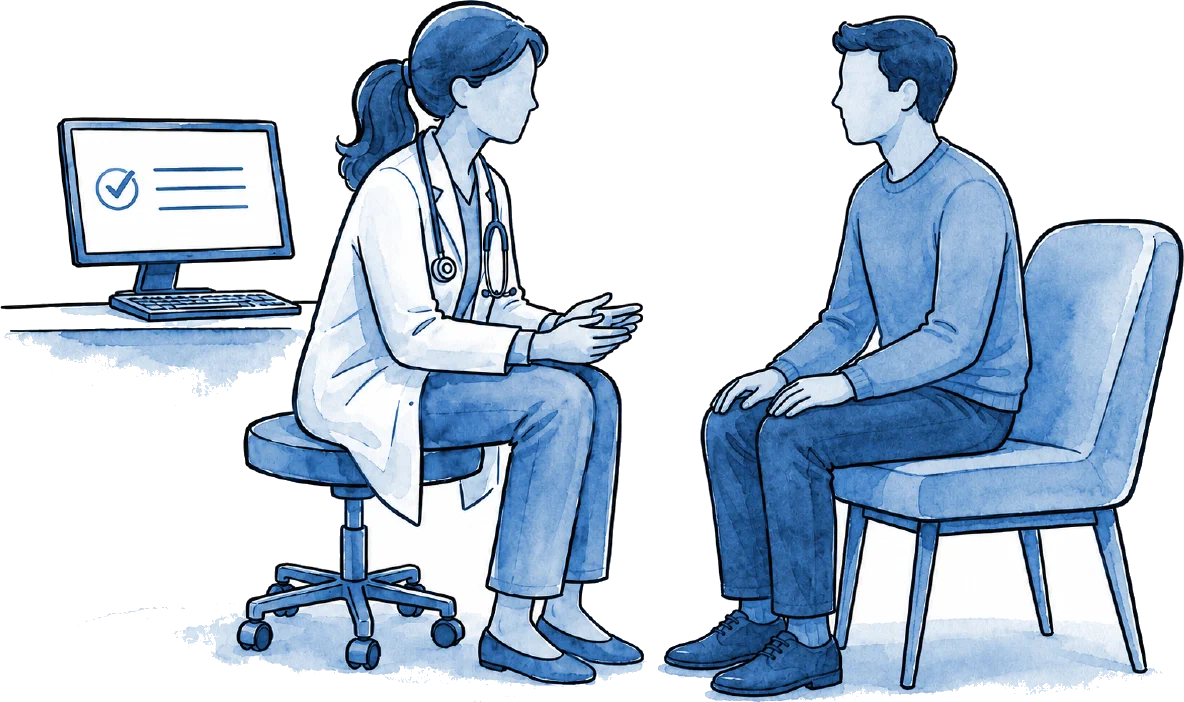 Illustration of a clinician and patient talking during a consultation